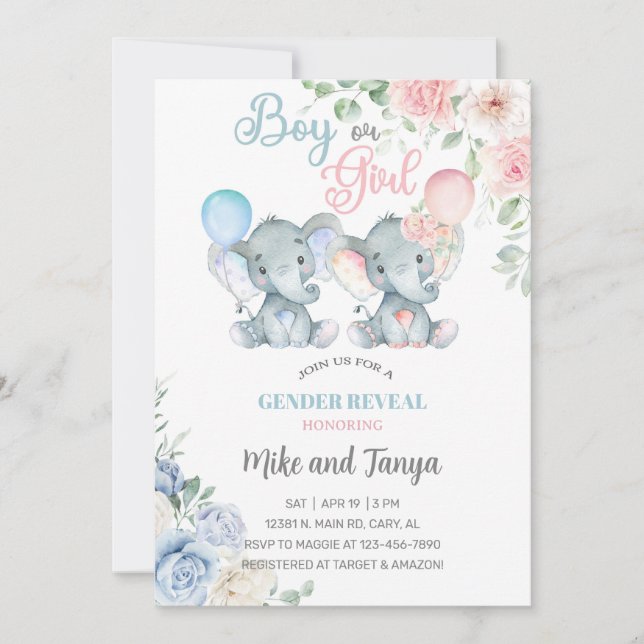 Convite Elephants gender reveal invite, pink blue flowers. (Frente)