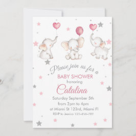 Convite Elephants with Baloons Girl Baby Shower Invitation