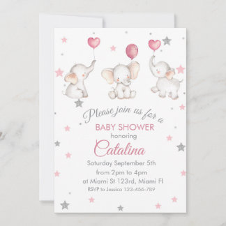 Convite Elephants with Baloons Girl Baby Shower Invitation
