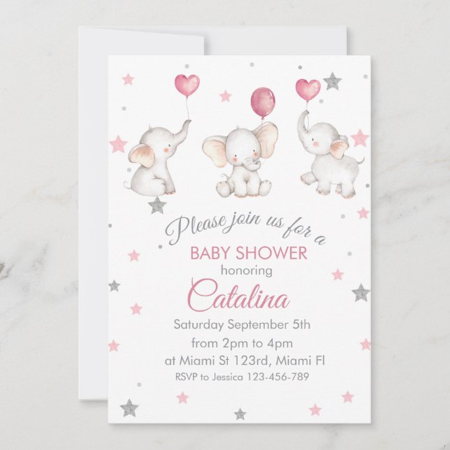 Convite Elephants with Baloons Girl Baby Shower Invitation (Frente)
