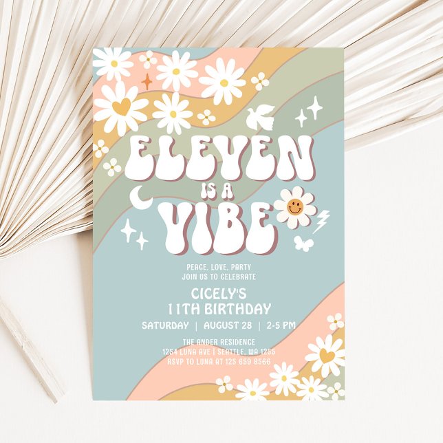Convite ELEVEN é um Vibe Daisy Hippie 70 Retro Birthday (Criador carregado)