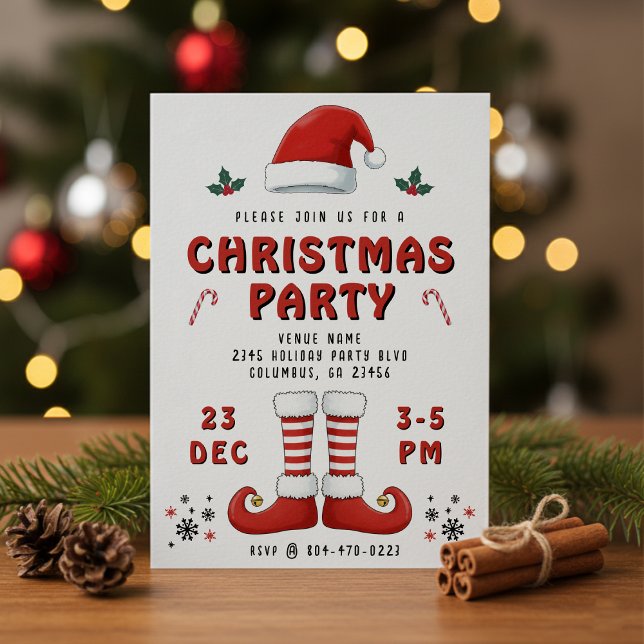 Convite Elf Boots Papai Noel Festa de Natal Branco (Elf Boots Santa Claus Hat White Christmas Party Invitation
)