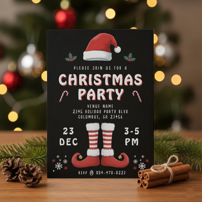 Convite Elf Boots Papai Noel Festa de Natal Negro (Elf Boots Santa Claus Hat Black Christmas Party Invitation
)