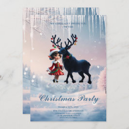 Convite Elfo de Natal bonito e renas escuras.