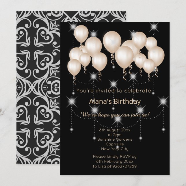 CONVITE ELGANT MODERN DAMASK BLACK SILVER BALLOON (Frente/Verso)