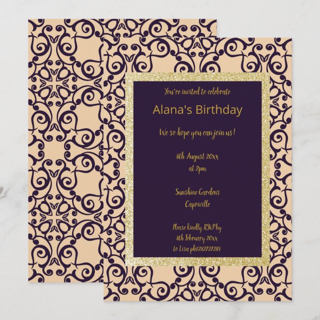 CONVITE ELGANT MODERN DAMASK MARINHO SILVER DOURADO (Frente/Verso)