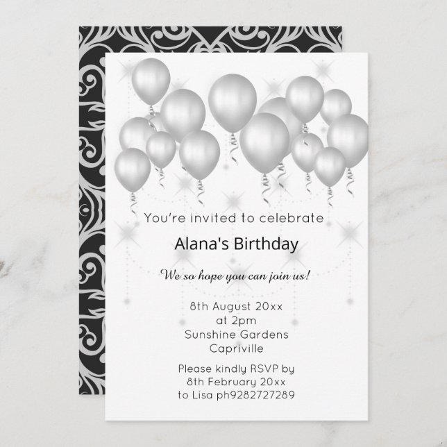 Convite ELGANT MODERN DAMASK SILVER BALLOON Sparkle (Frente/Verso)