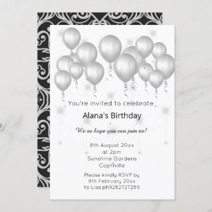 Convite ELGANT MODERN DAMASK SILVER BALLOON Sparkle