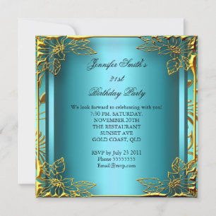 Convite Elite Elegante Birthday Teal Dourado Black Damask