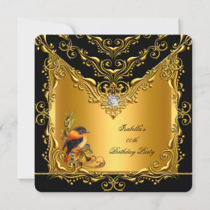 Convite Elite Elegante Pássaro Preto Dourado Festa de Aniv