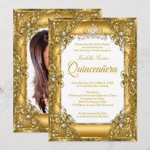 Convite Elite Quinceanera 15 Dourada Pearl Tiara Foto