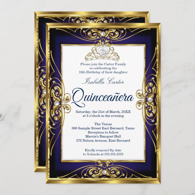 Convite Elite Quinceanera 15 Dourado Marinho Azul Tiara Fo (Frente/Verso)
