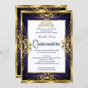 Convite Elite Quinceanera 15 Dourado Marinho Azul Tiara Fo