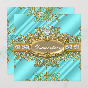Convite Elite Quinceanera Blue Teal Silver, Dourado Partid