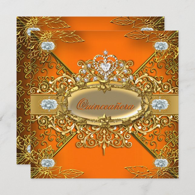 Convite Elite Quinceanera Orange Dourada Damask 15 Party (Frente/Verso)