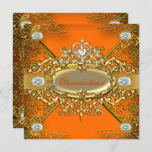 Convite Elite Quinceanera Orange Dourada Damask 15 Party