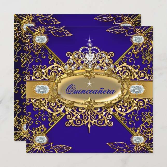 Convite Elite Quinceanera Royal Blue Damask 15 (Frente/Verso)