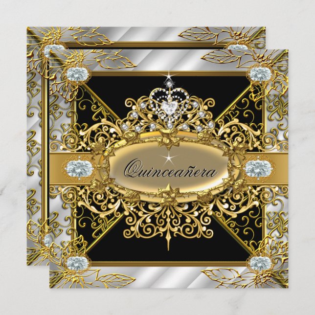 Convite Elite Quinceanera Silver Dourado Damask 15 (Frente/Verso)