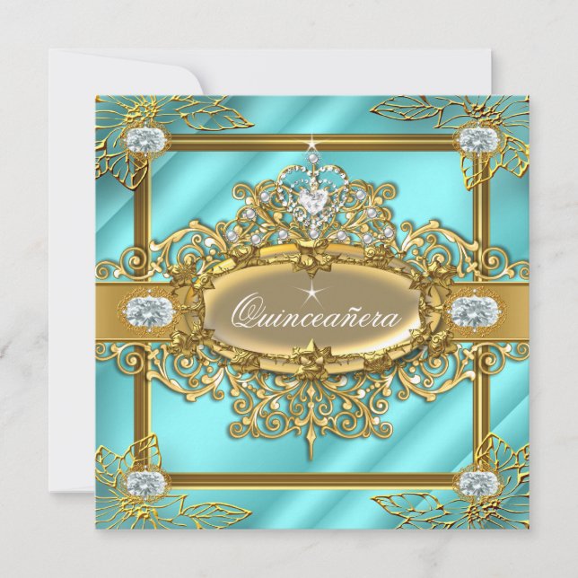 Convite Elite Quinceanera Teal Blue Damask 15 (Frente)
