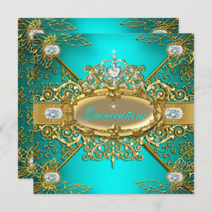Convite Elite Quinceanera Teal Blue Dourado Damask 15 Part