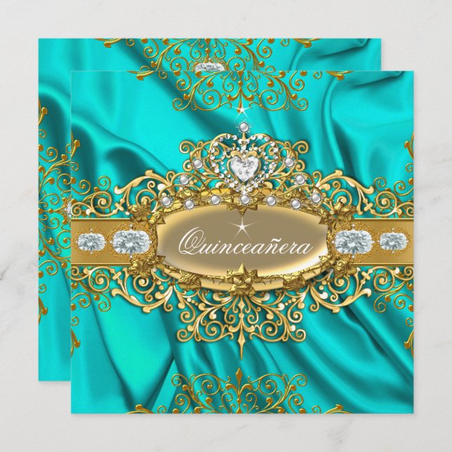 Convite Elite Quinceanera Teal Silk Silver Partido Dourado (Frente/Verso)