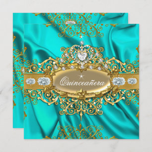 Convite Elite Quinceanera Teal Silk Silver Partido Dourado