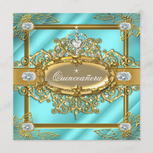 Convite Elite Quinze Anos Azul Teal Dourado Damask 15º