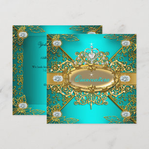 Convite Elite Quinze Anos Azul Teal Dourado Damasko Festa
