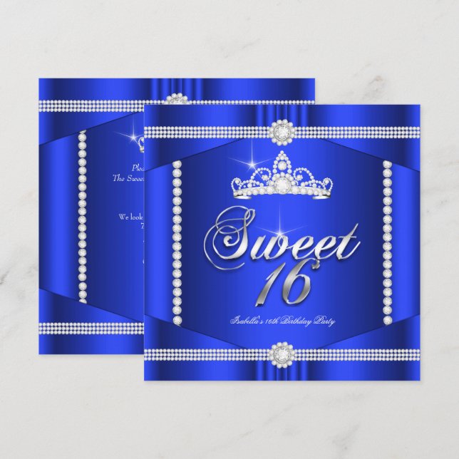 Convite Elite Royal Blue Princess Sweet 16 Party Diamond (Frente/Verso)