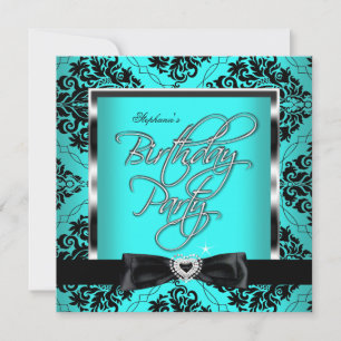 Convite Elite Teal Blue Damask Silver Festa de aniversário