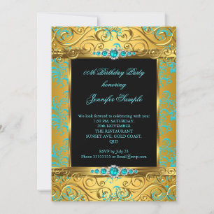 Convite Elite Teal Blue Dourado Damask Pearask Festa de an