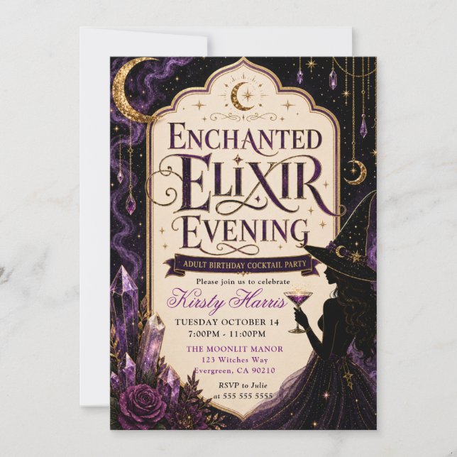 Convite Elixir de Bruxa Encantada Noite de Aniversário (Frente)