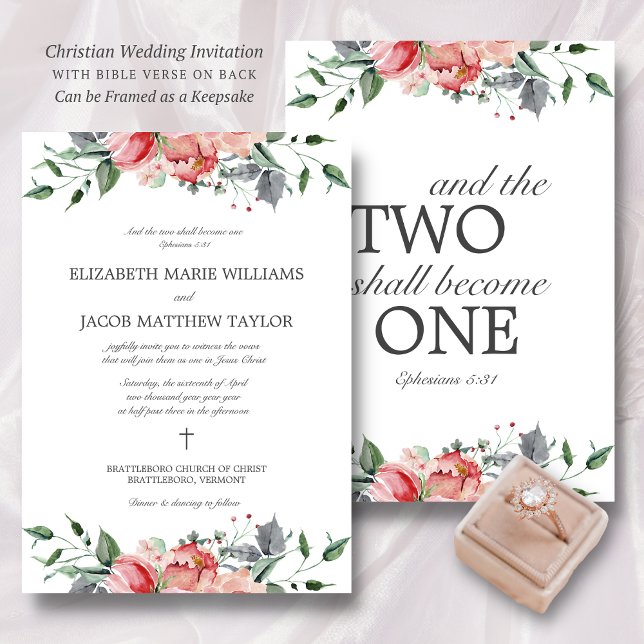 Convite Elizabeth Dois Se Tornará Um Casamento Cristão (Pink, floral, Christian wedding invitation with Bible verse on back.)