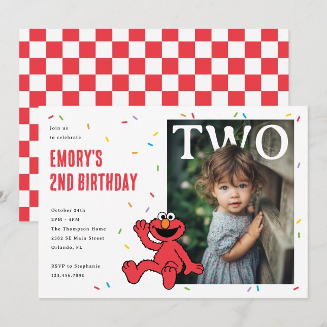 Convite Elmo Red Confetti Second Birthday (Frente/Verso)