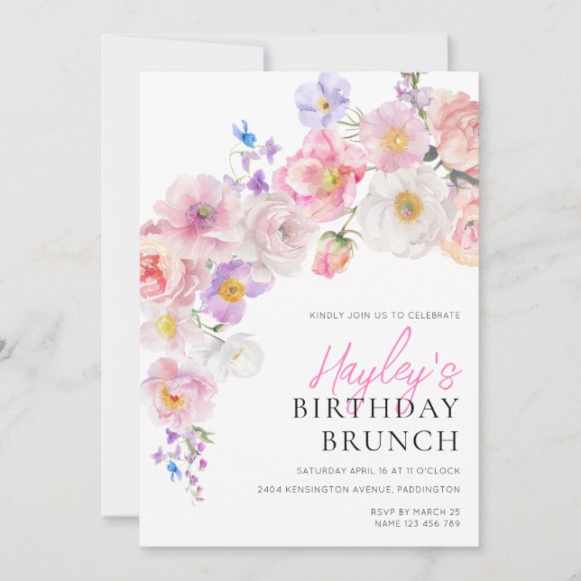 Convite Eloise Pink Floral Birthday Brunch (Frente)