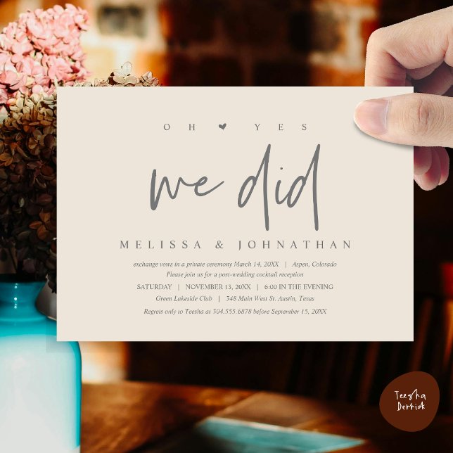 Convite Elopement de Casamento, ah sim nós fizemos (Oh yes we did, Modern Wedding Elopement Dinner Party Invitation Card, PDF, Cream Grey)