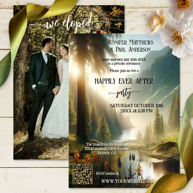 Convite Elopement Feliz Para Sempre Após A Foto De Casamen (Happily ever after wedding invitation featuring your photo and an enchanted forest in the mountains)