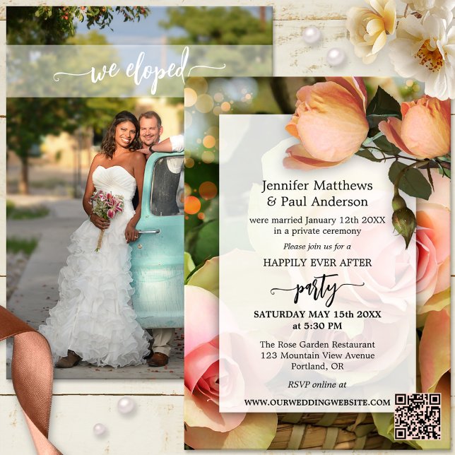 Convite Elopement Feliz Para Sempre Após A Foto De Casamen (Boho chic happily ever after wedding party invitation with photo, roses and QR code template)