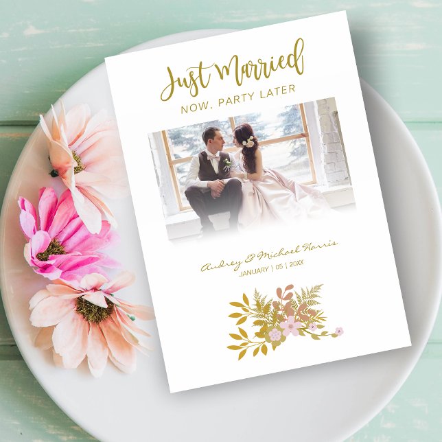 Convite Elopement Photo Wedding Elegant Floral Fake Golden (Criador carregado)