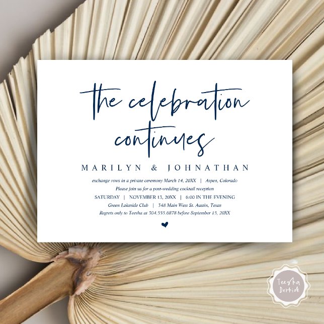Convite Elopemento de Casamento, Celebração Moderna contin (Wedding Elopement, Modern celebration continues Invitation Card, PDF, in Navy Blue)