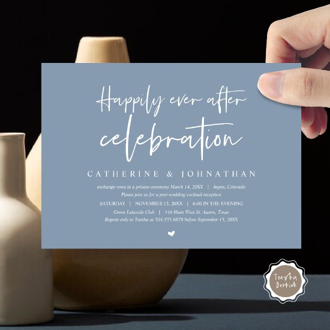 Convite Elopemento de Casamento, Feliz Nunca Depois da Cel (Wedding Elopement Dinner, Happily Ever after celebration Invitation Card, PDF, in Dusty Blue)