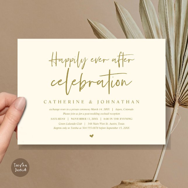 Convite Elopemento de Casamento, Feliz Nunca Depois da Cel (Wedding Elopement Dinner, Happily Ever after celebration Invitation Card, PDF, in Retro Yellow Gold)