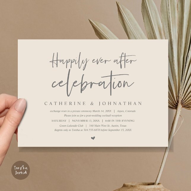 Convite Elopemento de Casamento, Feliz Nunca Depois da Cel (Wedding Elopement Dinner, Happily Ever after celebration Invitation Card, PDF, in Cream Grey)