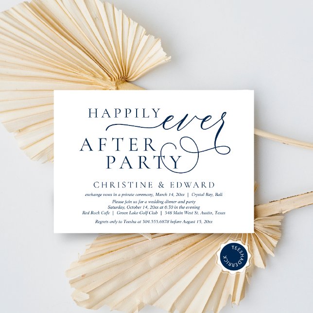 Convite Elopemento De Casamento, Feliz Nunca Depois Da Fes (Wedding Elopement, Happily Ever After Party Invitation Card, Downloadable, Navy Blue Scheme, Classy)