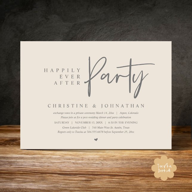 Convite Elopemento De Casamento, Feliz Nunca Depois Da Fes (Happily Ever After Party Modern Casual Wedding Elopement Dinner Dance Invitation Card PDF Cream Grey)