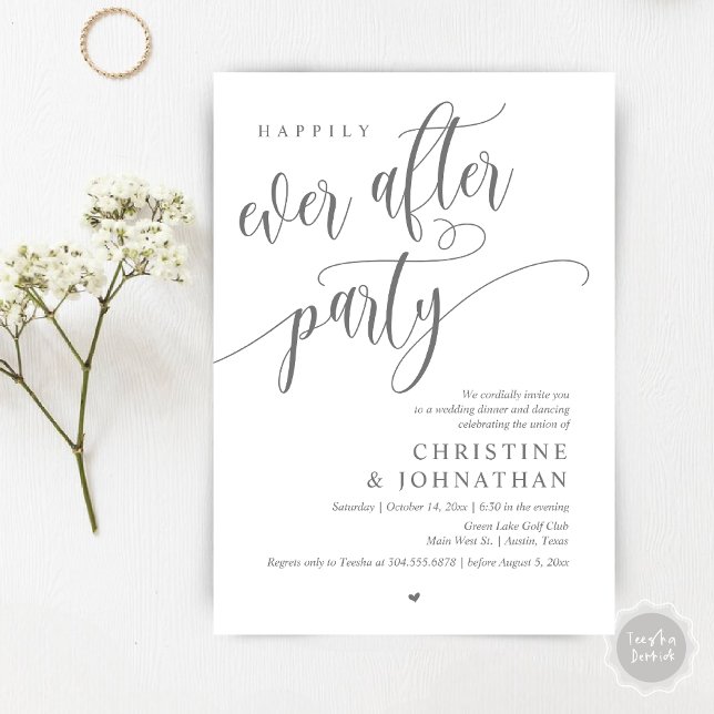 Convite Elopemento De Casamento, Feliz Nunca Depois Da Fes (Wedding Elopement, Happily Ever After Party Invites Card, Modern Contemporary, PDF, Dark Grey)