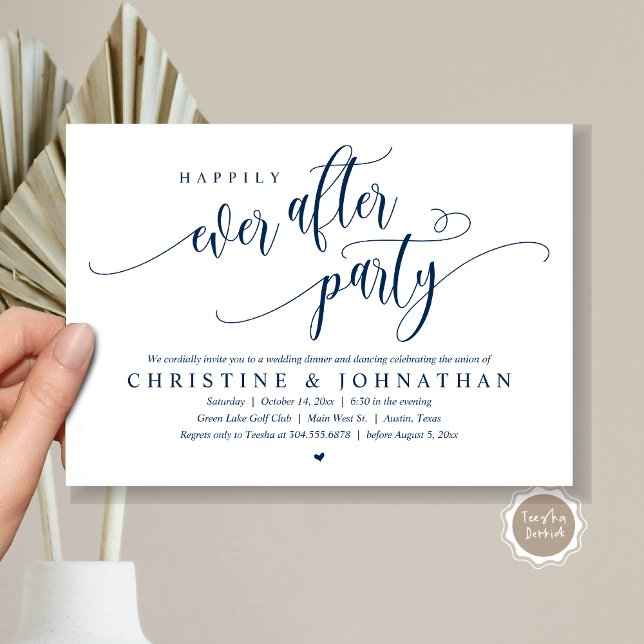Convite Elopemento De Casamento, Feliz Nunca Depois Da Fes (Wedding Elopement, Happily Ever After Party Invitation Card, Modern Contemporary, PDF, in Navy Blue)