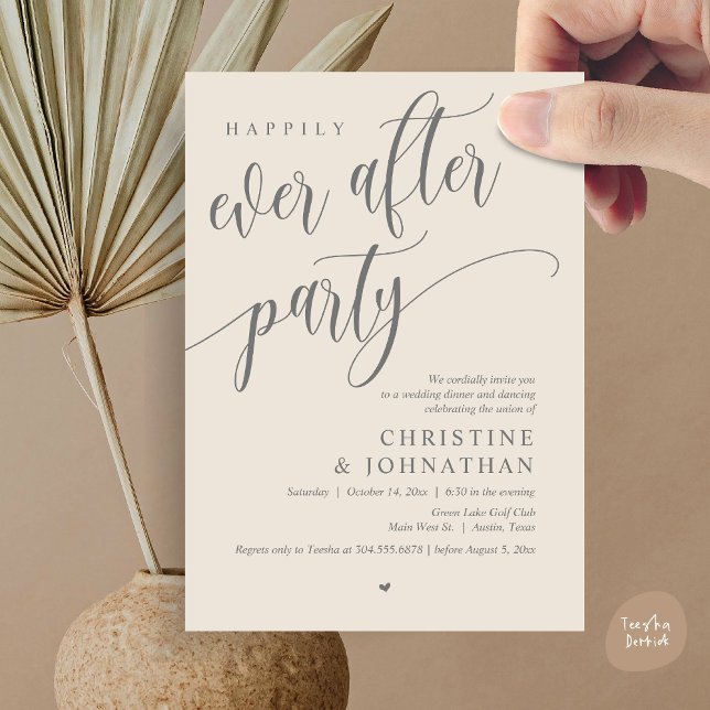 Convite Elopemento De Casamento, Feliz Nunca Depois Da Fes (Wedding Elopement, Happily Ever After Party Invites Card, Modern Contemporary, PDF, Dark Grey Cream)