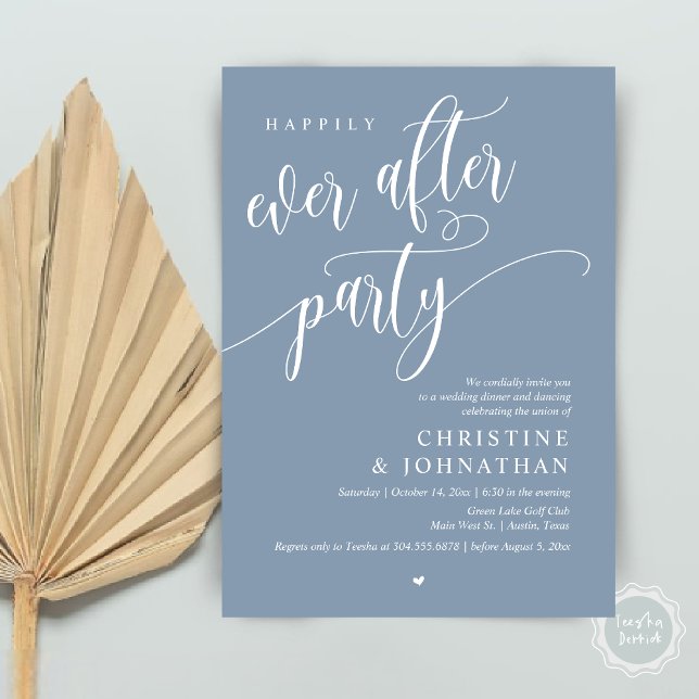 Convite Elopemento De Casamento, Feliz Nunca Depois Da Fes (Wedding Elopement, Happily Ever After Party Invites Card, Modern Contemporary, PDF, in Dusty Blue)