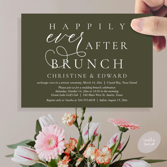 Convite Elopemento De Casamento, Feliz Sempre Depois De Br (Modern Classy Wedding Elopement, Happily Ever After Brunch Invitation Card, PDF, in Olive Green)